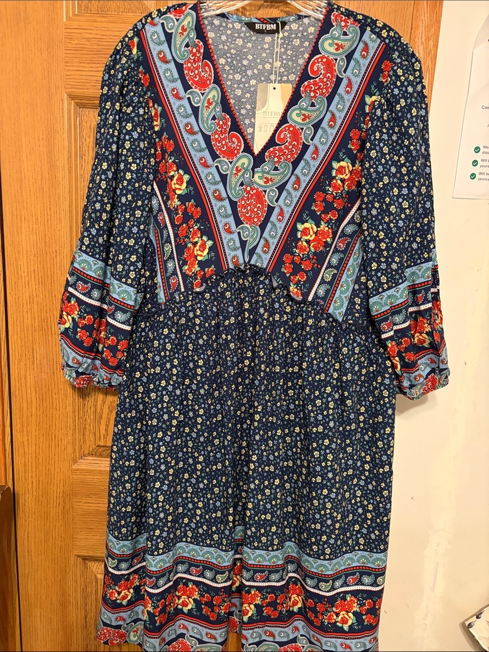 Blue Floral Boho V-Neck Dress with Red Accent